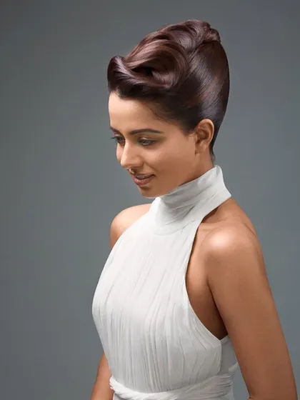 A soft and graceful profile shot from the same hair campaign. This angle beautifully showcases the intricate styling and the model's serene expression.