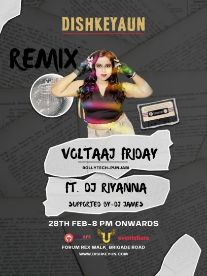 The poster for "Voltaaz Friday," a Bollytech and Punjabi party at Dishkyaun on MG Road. These nights are all about high-energy fusion beats.