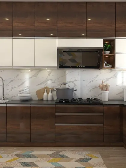 A two-tone kitchen design combining rich wood-grain lower cabinets with glossy white upper cabinets, set against a white marble backsplash.