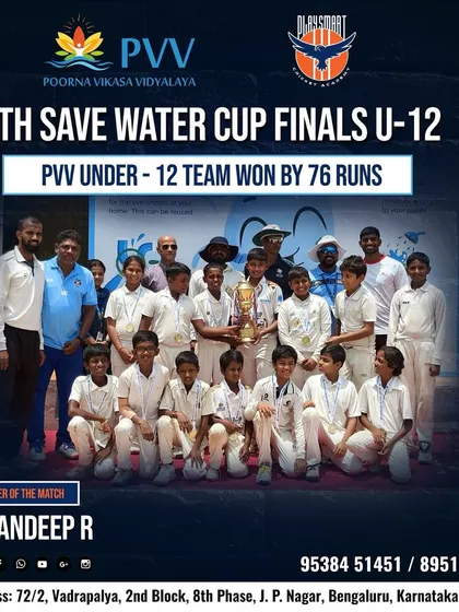 Our U-12 team celebrating their 76-run victory in the 7th Save Water Cup Finals, with Pavandeep R named Player of the Match.