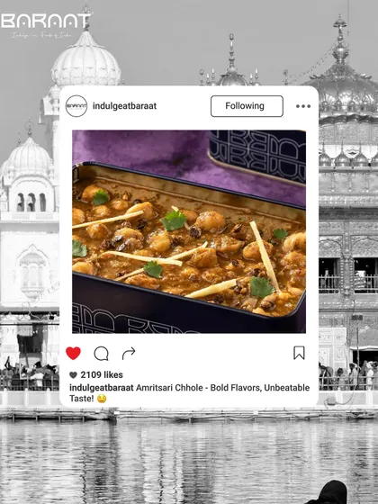 Experience the bold flavours of our Amritsari Chhole, a dish as vibrant as its heritage, pictured here with the Golden Temple as a backdrop.