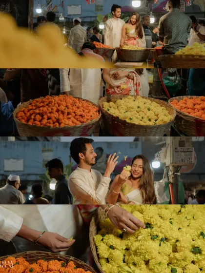 A collage of moments from the Dadar flower market shoot, showing the vibrant colors and playful interactions.