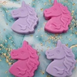 For all the little dreamers, I make these magical unicorn-themed soaps. The pink and purple colors are so much fun, and they make a perfect favor for a unicorn-themed birthday party.