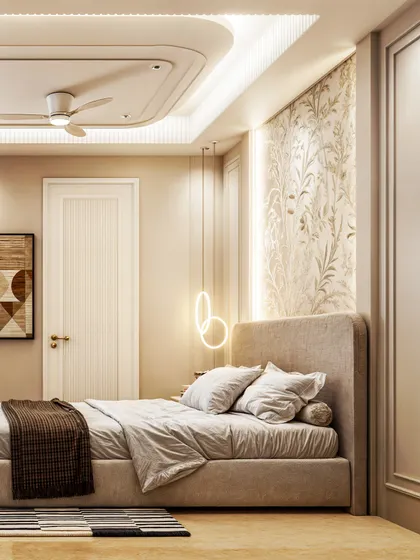 A bedroom visualization with a soft, neutral palette. The render highlights the botanical wallpaper and the modern, ring-shaped pendant lights.