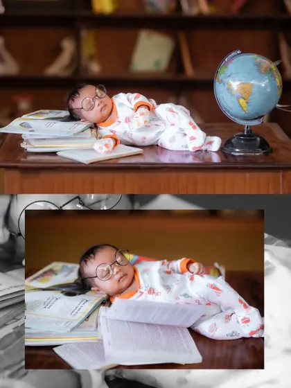 A collage of the "little scholar" newborn, showing different angles of the baby sleeping peacefully on a desk with books and a globe.