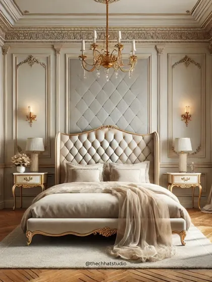 For clients who love timeless elegance, I designed this classical bedroom interior. Featuring a tufted headboard, ornate wall moldings, a crystal chandelier, and a soft, neutral color palette, this room is a sanctuary of royal comfort.