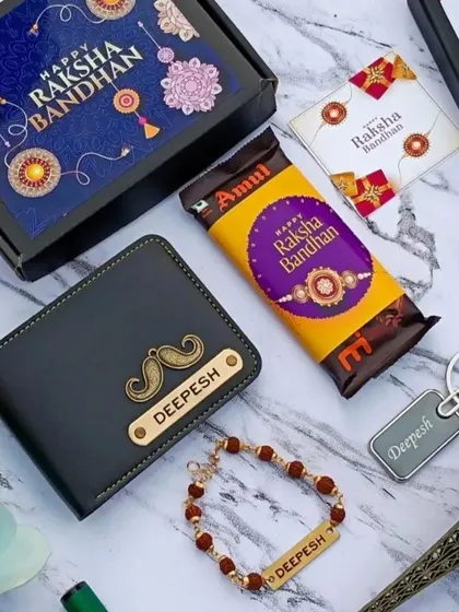 A Rakhi gift set featuring a personalized wallet, a matching keychain, a rudraksh rakhi, and Amul chocolate.