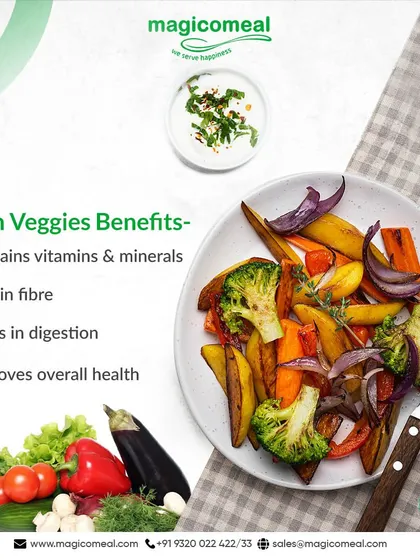 This graphic lists the many benefits of green veggies, from vitamins and minerals to fiber that aids digestion. Our meals are packed with these benefits to improve overall health.