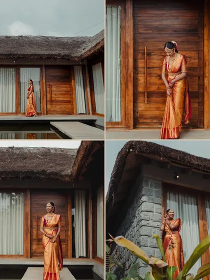 A series of portraits of the bride at her destination wedding venue. The beautiful wooden and stone architecture provides a rustic yet elegant backdrop for her traditional attire.