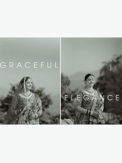 A black and white diptych of the bride with the words "Graceful Elegance." These portraits capture her serene beauty against a natural mountain backdrop.