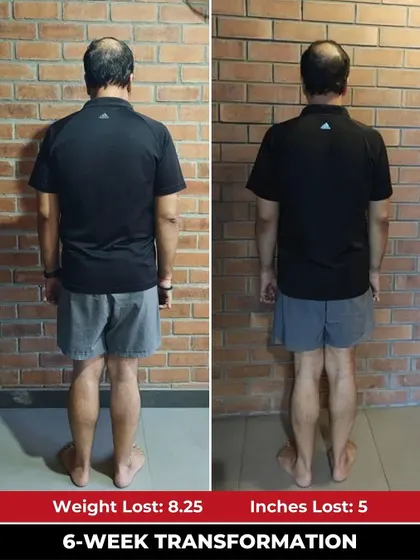 This back view of Hitesh's progress showcases his stronger, leaner physique, achieved with a sustainable nutrition plan.