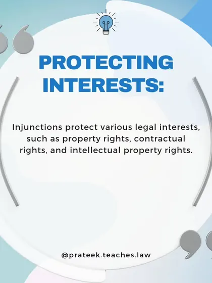 This graphic introduces the concept of an injunction, explaining that it is a legal tool used to protect interests like property rights, contractual rights, and intellectual property.