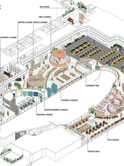 Our detailed axonometric drawings, like this one for the 080 Lounge at Bangalore International Airport, are a key part of our planning process, allowing us to map out complex spaces and ensure every detail is considered.