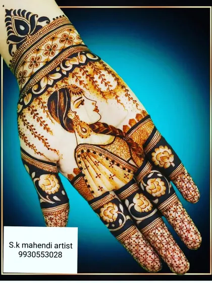 For a truly unique design, I can create detailed portraits. This single-hand mehendi features a beautiful bride figure, showcasing my skill in creating realistic and artistic figures.