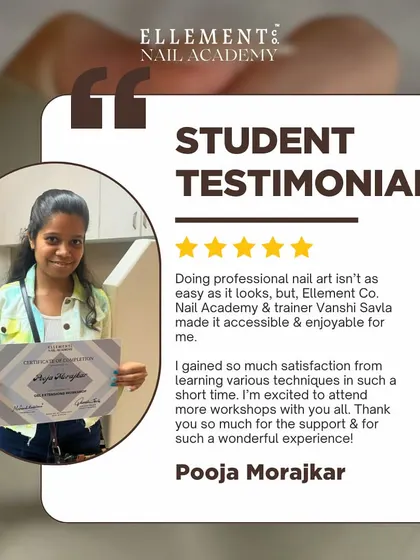 A testimonial from Pooja, who found that our academy made professional nail art accessible and enjoyable. She was satisfied with learning so much in a short time.