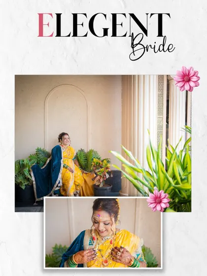 An elegant bride in her yellow saree, captured in moments of quiet reflection and joy.