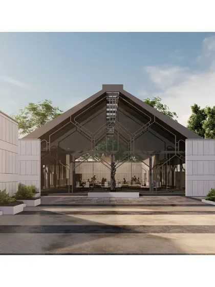 A rendering of the entrance to the main hall of the Hoodi Convention Center, where a tree is preserved within the building's footprint, reinforcing our commitment to integrating nature.