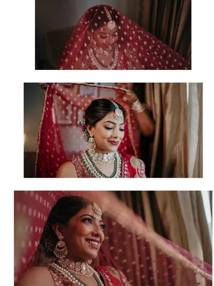 A collage of getting-ready moments. These shots capture the final touches, the placement of the veil, and the bride's happy smiles, telling the story of her transformation.