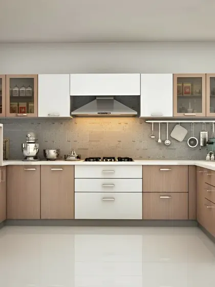 Another view of a classic U-shaped kitchen layout. This design ensures an efficient workflow with the sink, stove, and refrigerator in a convenient triangle, surrounded by plenty of storage.