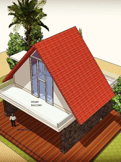 A design concept for a modern A-frame cottage. This style of architecture, with its steeply pitched roof and large front balcony, is perfect for holiday homes, offering cozy interiors and expansive views of the landscape.