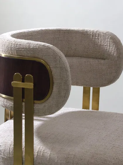 A detail shot of the armchair's back, showing the craftsmanship of the curved wood and the elegant metal hardware.