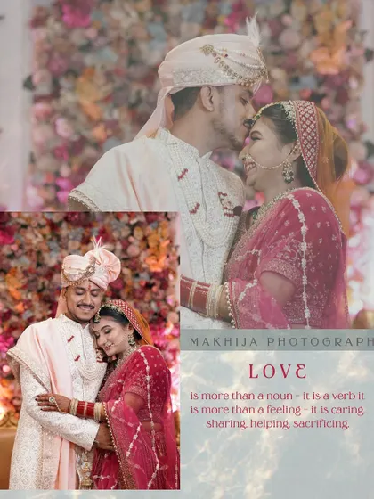 A collage of romantic moments from the wedding day. The groom's kiss and the couple's gentle embrace against a floral wall create a collection of sweet, heartfelt memories.