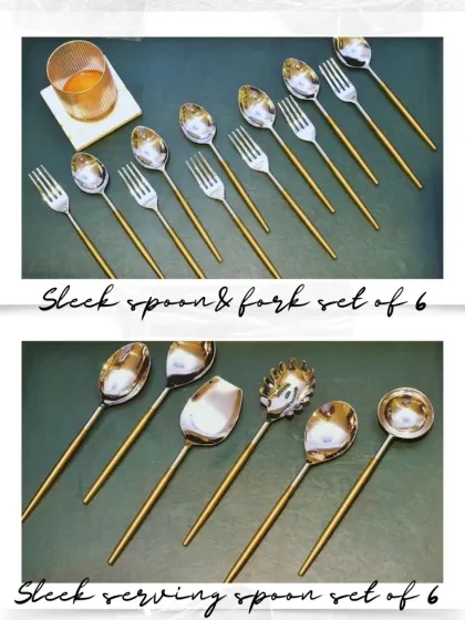My sleek two-toned cutlery is perfect for a modern dining experience. This image shows the spoon and fork set of six, as well as the matching six-piece serving spoon set.