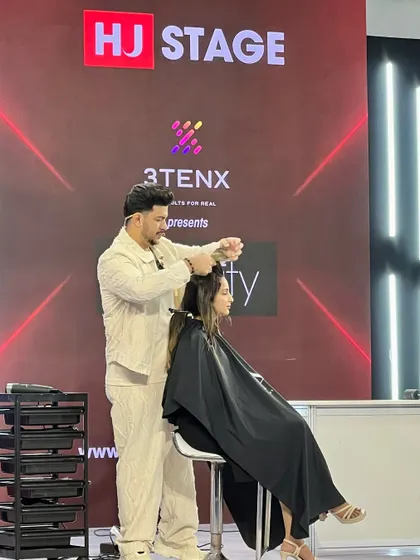 A throwback to me on the HJ Stage at Pro Beauty India in Mumbai, demonstrating a haircut live for fellow stylists.