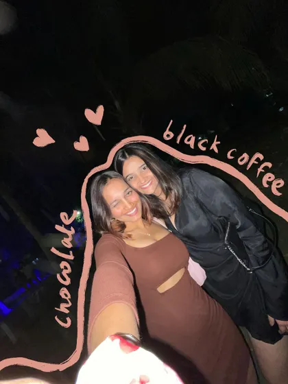 Chocolate and black coffee. A cute couple selfie with doodles to describe our personalities.