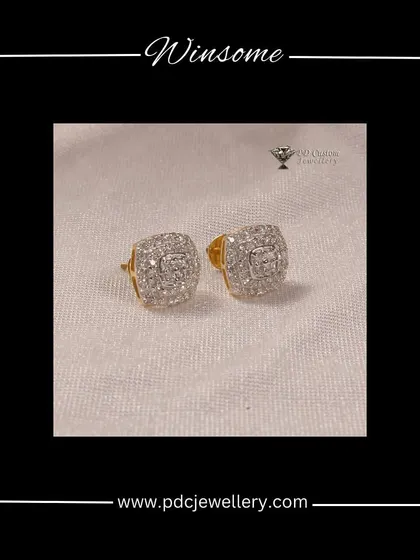 A winsome pair of 18kt hallmarked gold and diamond earrings. The square shape with a cluster of diamonds is a classic design that complements any style.