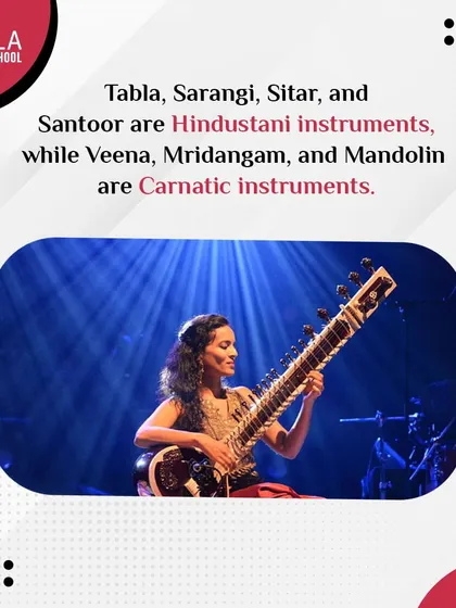 This graphic illustrates the different instruments used in Hindustani and Carnatic music, such as the sitar and veena. My courses cover a wide range of traditional instruments.