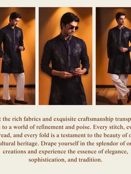 A collage of our navy blue embroidered kurta. Every stitch, thread, and fold is a testament to the beauty of our cultural heritage and refined craftsmanship.