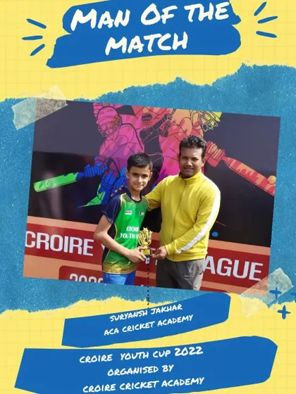 A graphic celebrating Suryansh Jakhar as Man of the Match in the Croire Youth Cup 2022.