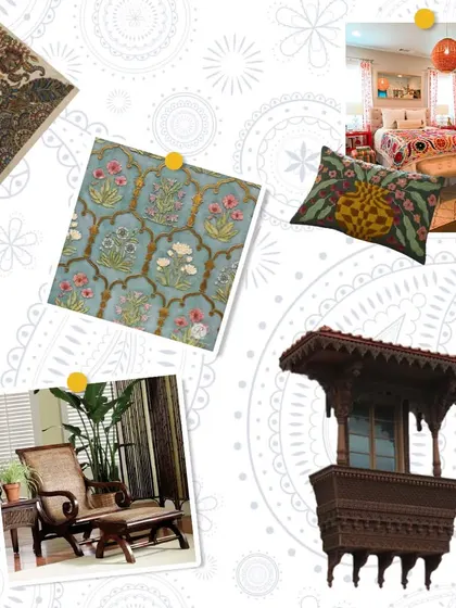 A mood board celebrating "India in Design," showcasing various elements of Indian aesthetics, from traditional furniture and textiles to architectural details.