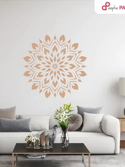 A delicate mandala stencil in a soft, neutral tone adds a touch of elegance and tranquility to this minimalist living room.