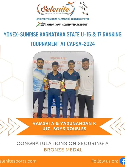 Our medal winners from the Karnataka State Ranking Tournament at CAPSA, including gold for Pavan & Punith and bronze for Adrian, Vamshi, Yadunandan, and Harshavardhan.