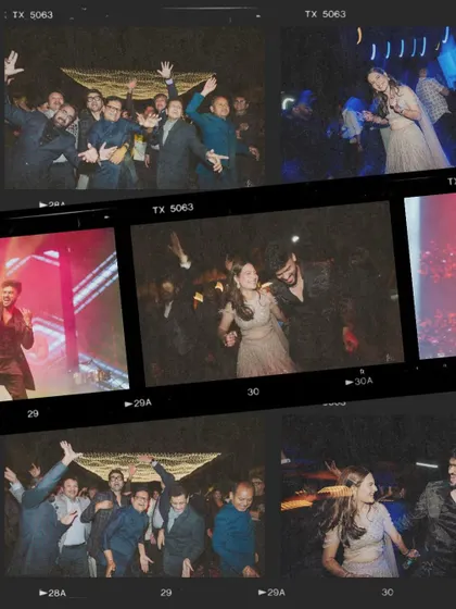 A creative collage with a film-strip effect, capturing the fun and energy of the Sangeet party and dance floor.
