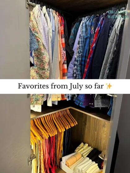 A glimpse into a perfectly organized closet from one of our July projects. We combined hanging space with file-folded clothes in bins to create a system that is both neat and highly functional.
