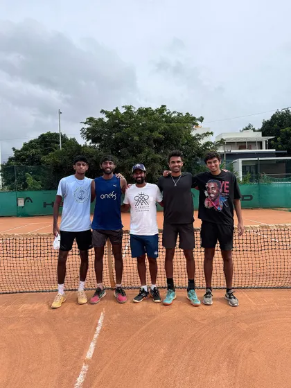 A group photo with pro players Adil Kalyanpur and Rishi Reddy after an intense week of training at our academy before they head to an ITF tournament.