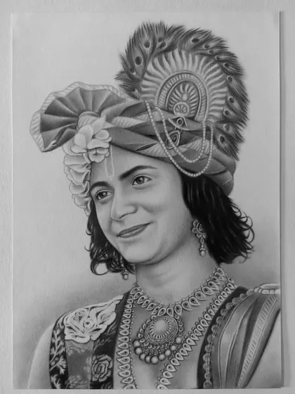 The full view of my finished graphite drawing of Lord Krishna in his traditional attire. The focus is on his gentle smile and the elaborate, feathered turban.