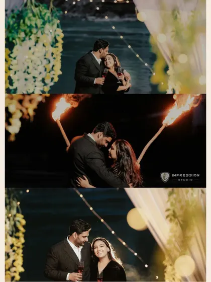 A collage showcasing the drama and romance of a night shoot. The combination of firelight, intimate embraces, and happy smiles creates a powerful visual narrative of their love.