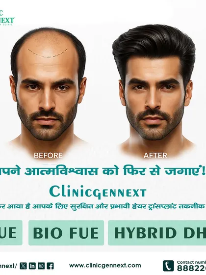 Here I illustrate the transformation from baldness to a full head of hair. I use a range of safe and effective techniques like FUE, BIO FUE, and Hybrid DHI to achieve these results.