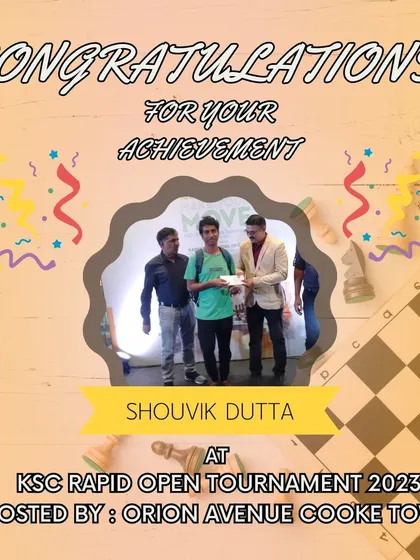 Another one of our talented coaches, Shouvik Dutta, being recognized for his achievement at the KSC Rapid Open Tournament.