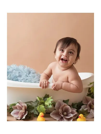 A big, happy smile from the baby in the bathtub setup.