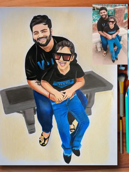 A fun and happy A3 colored pencil drawing of a father and daughter. Their matching outfits and big smiles make this a really joyful piece of art.
