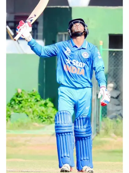 Himanshu Rana celebrating a century in the India jersey, a proud moment for our academy. He scored 294 runs at an average of 43 in the Vijay Hazare Trophy.