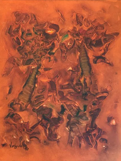 This 1996 oil on canvas is from S.G. Vasudev's renowned 'Vriksha' (Tree of Life) series. A founding member of the Cholamandal Artists' Village, Vasudev uses the tree as a symbol for fertility and our connection to the past, a theme I often explore with collectors.