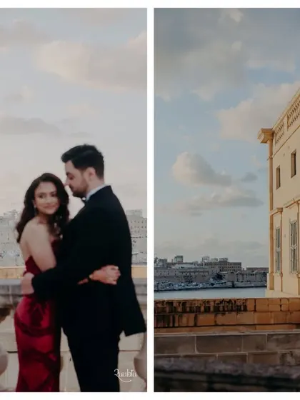 A diptych of the couple against the historic skyline of Malta at dusk, capturing both a romantic embrace and the beautiful architecture of the city.