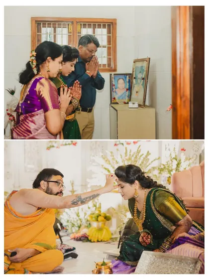 A collage capturing the spiritual side of the wedding, with the family praying together and a priest giving blessings.