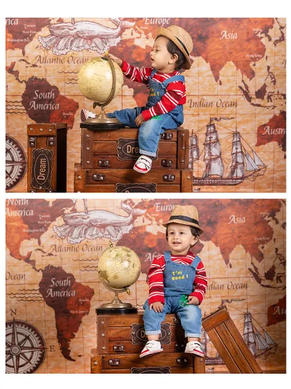 Maps, magic, and mini moments. This collage captures a little traveler exploring the world from the comfort of the studio, with vintage trunks and a globe.